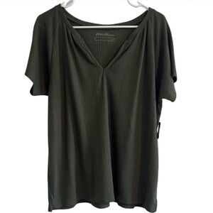 NWT Eddie Bauer Large Waffle Knit V-Neck Short Sleeve Top Sprig Green